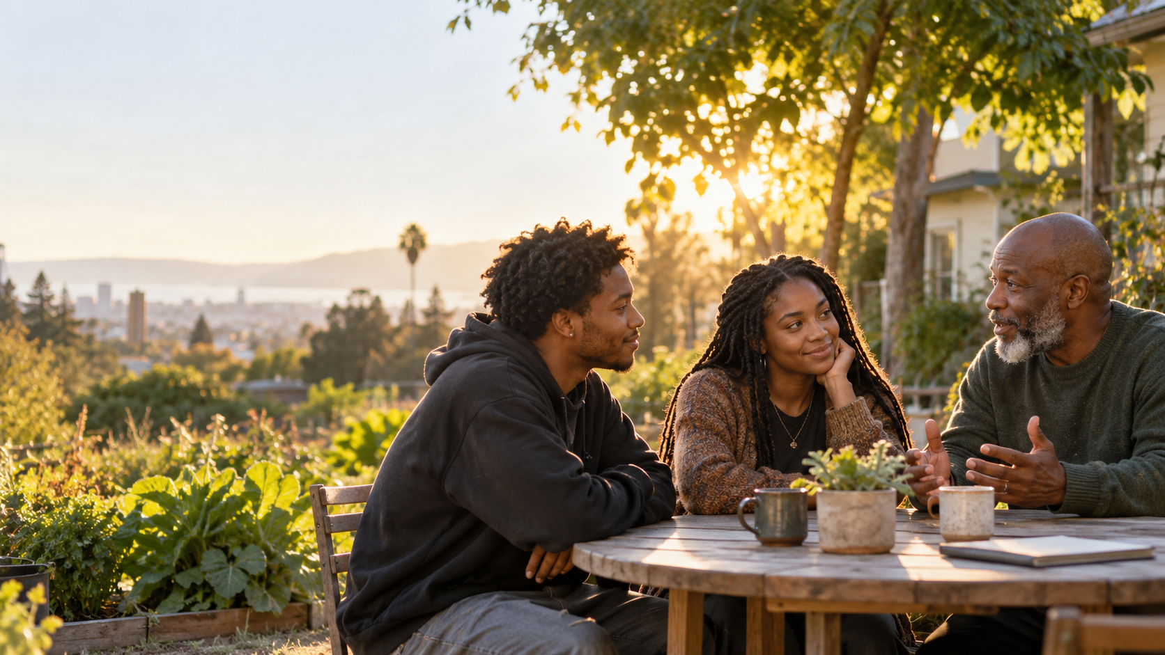 Three Black community members sharing a conversation in an Oakland garden.