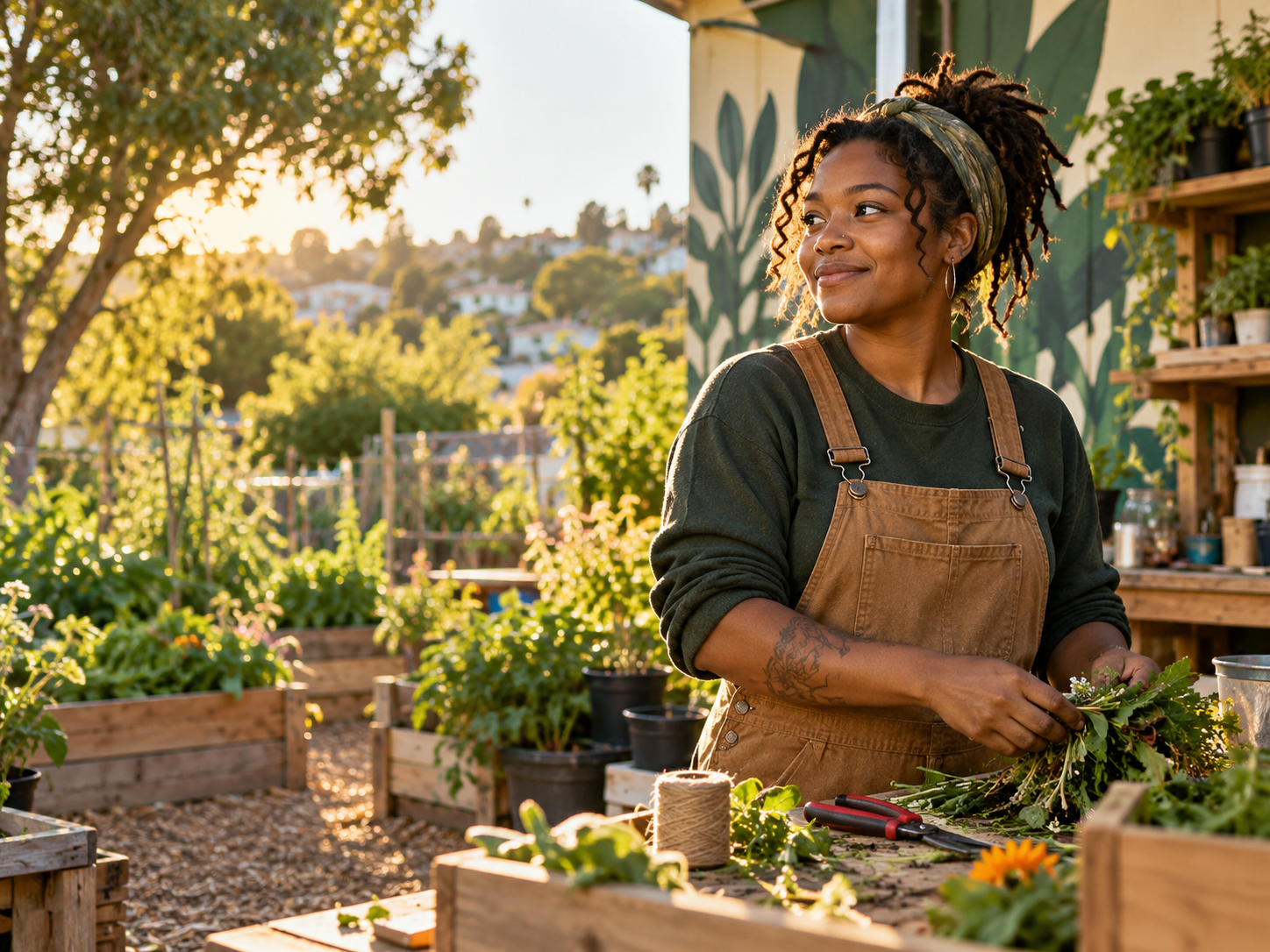A community member building a vocation with support in a neighborhood garden.