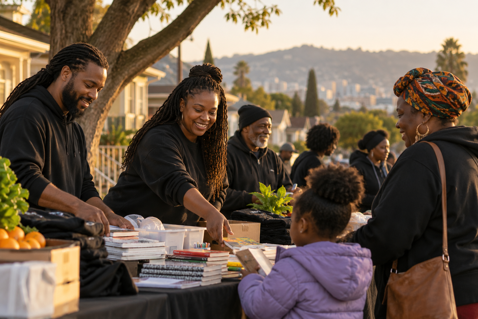 Neighbors working together at a community event table.