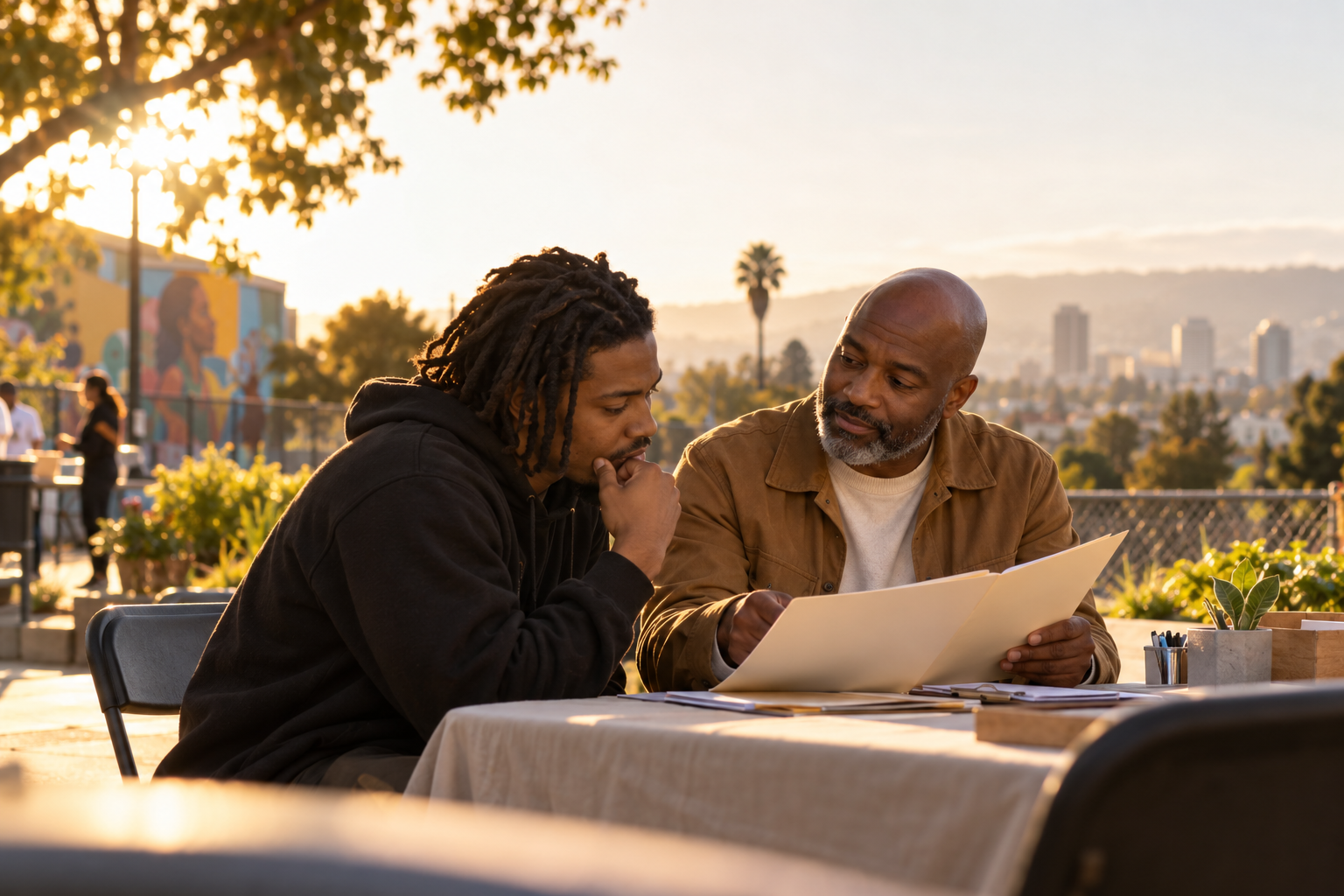 A community member meeting with a mentor at a resource table.