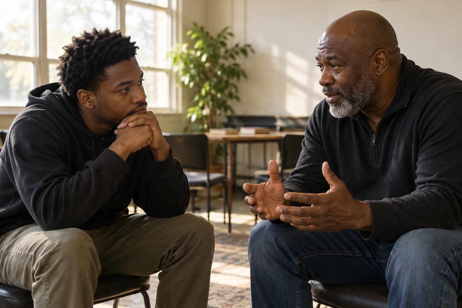 Two men sharing a mentorship conversation.
